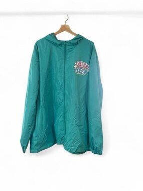 FRIENDS Teal Windbreaker Jacket with Hood and Central Perk Logo front and back